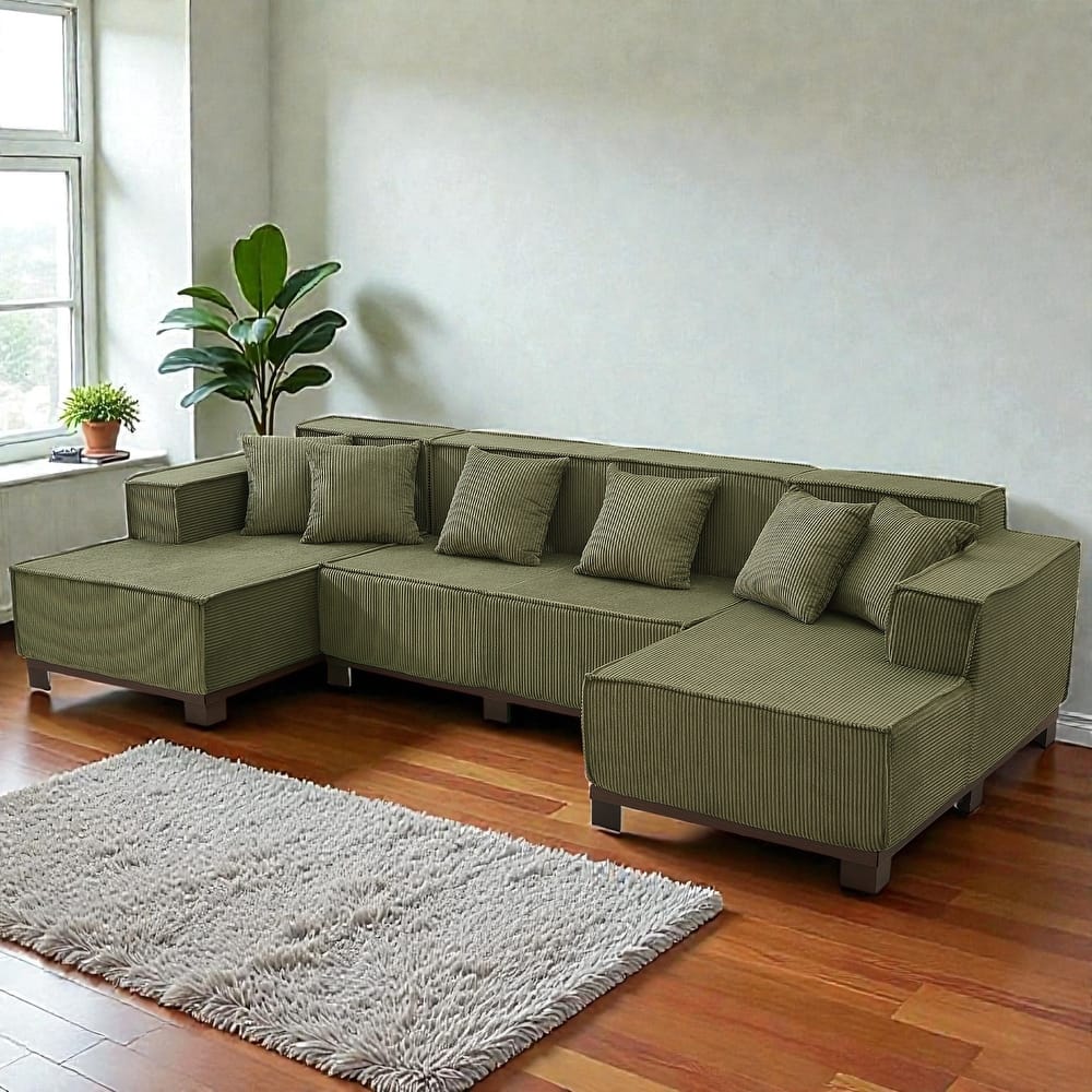 Modern 130" U-Shaped Sectional Sofa with RGB LED Lights, Corduroy Upholstery, 6 Pillows, Deep Seating Couch
