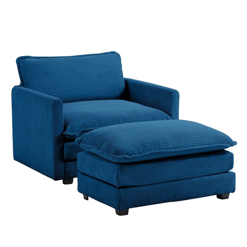 Oversized Corduroy Armchair with Plush Cushions and Movable Ottoman - Navy Blue