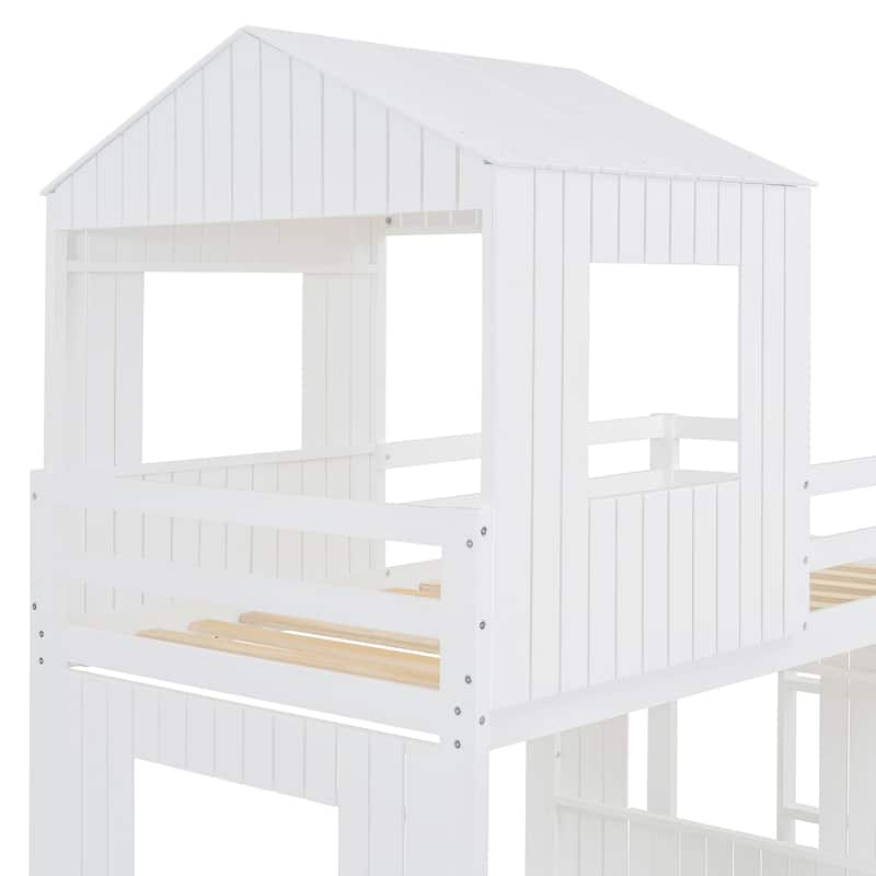 Playhouse Twin Over Full Bunk Bed with Windows and Slide, Solid Pine Wood Frame