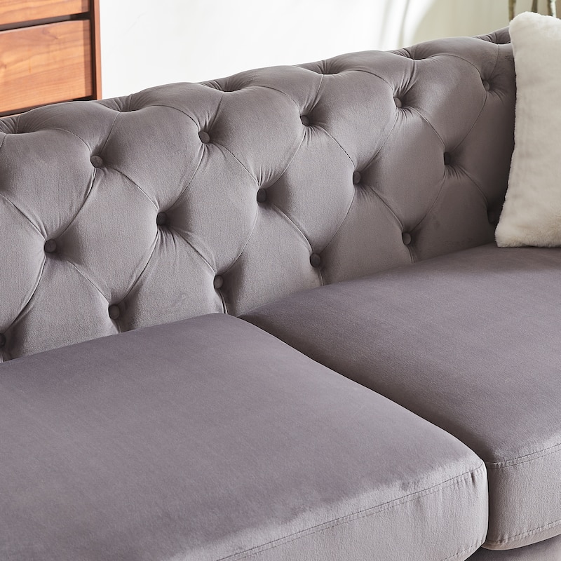 Tufted Design Straight Row Couch Velvet Chesterfield Deep Seat Sofa, Upholstered Couch with Solid Wood Frame and Gold Metal Legs
