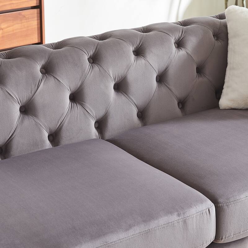 Velvet Upholstered 3 Seater Sofa, Chesterfield Tufted Button Sofa, Lounge Sofa Chair with 2 Pillows & Metal Legs