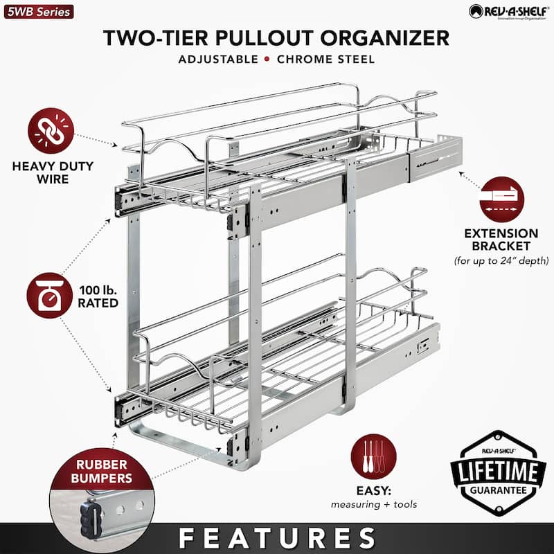 Rev-A-Shelf Pullout 2-Tier Basket Organizer for Kitchen Cabinets, 9 x 22 In, 5WB2-0922CR-1