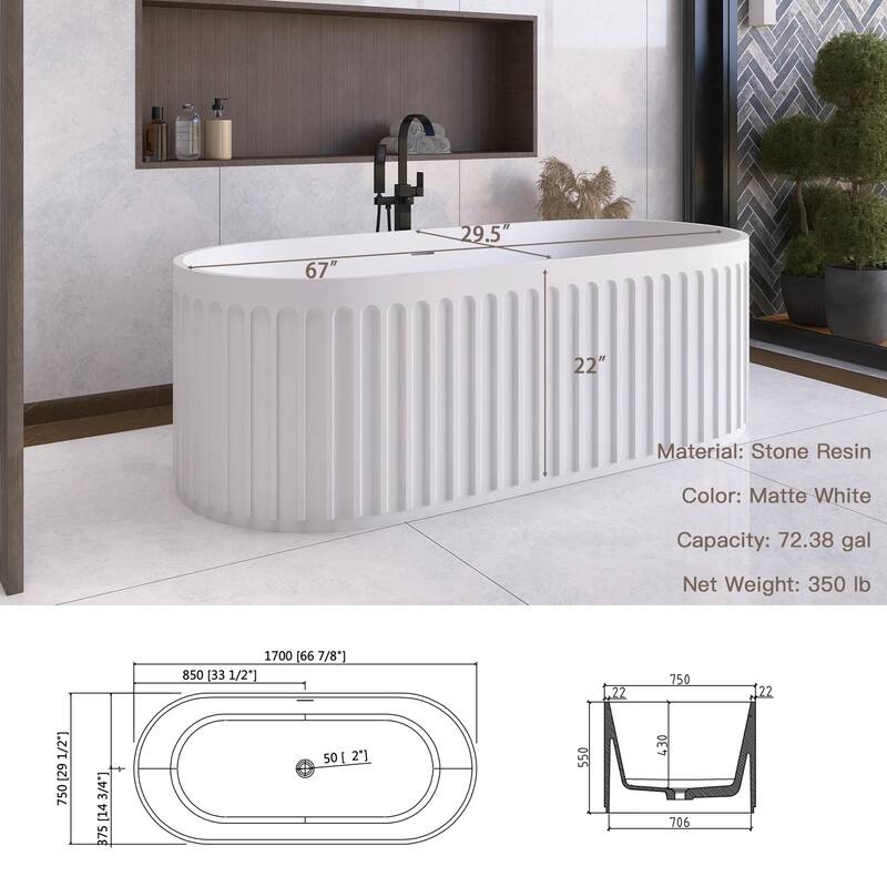 67 in. x 29.5 in. Solid Surface Freestanding Soaking Bathtub with Overflow and Drain Matte White