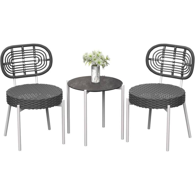 3 Piece Outdoor Bistro Set, Patio Rattan Bistro Set with Coffee Table, White Steel Frame + Grey Rattan - N/A - Grey