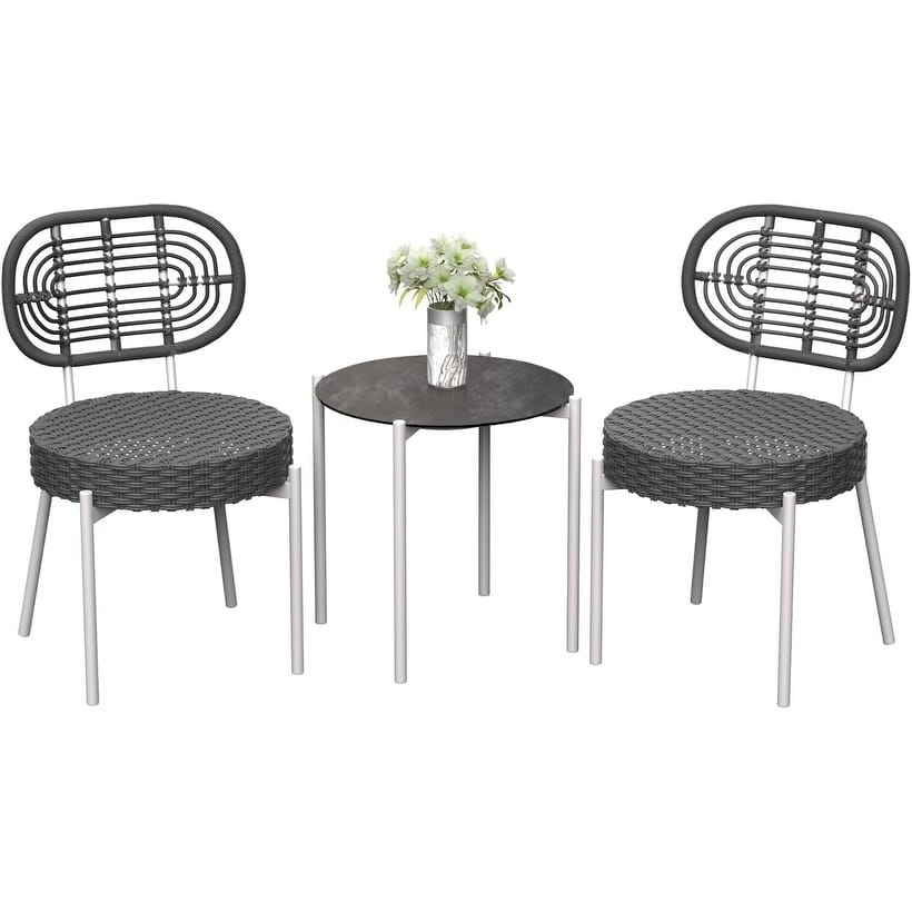 3 Piece Outdoor Bistro Set, Patio Rattan Bistro Set with Coffee Table, White Steel Frame + Grey Rattan