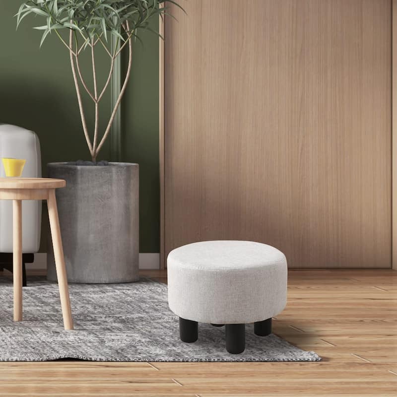 Modern Small Round Linen Ottoman Footstool with Wooden Legs for Bedroom or Living Room
