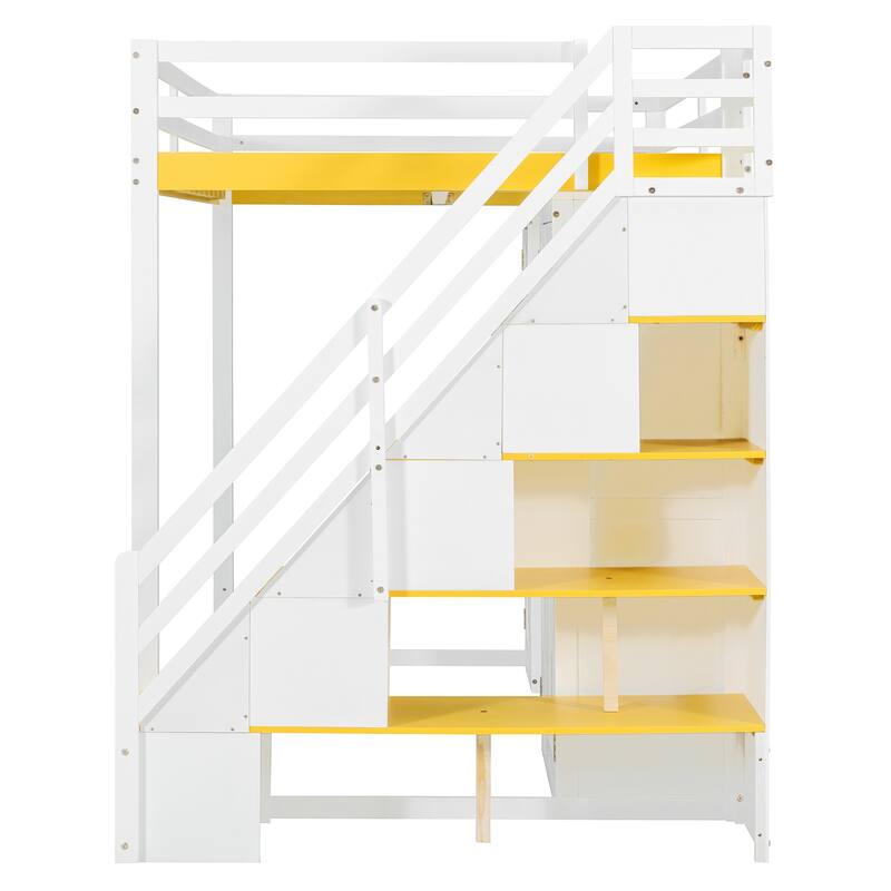 Full Size Loft Bed Frame for Kids with Storage Staircase, Wardrobe, Cabinets, USB, LED and Dressing Table with Mirror and Drawer