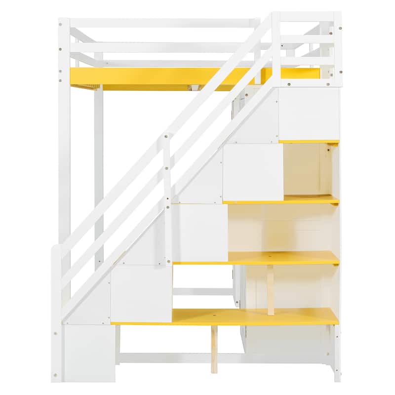 Full Size Loft Bed with Storage Staircase, Built-in Dressing Table, Mirror & Wardrobe - USB Charging & Lights