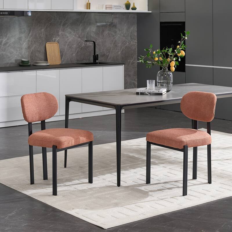 Mid-Century Fabric Upholstered Dining Chairs Set of 2, with Black Metal Frame - Orange
