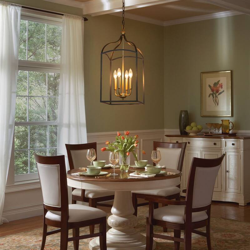 Farmhouse 4-Light Lantern Chandelir for Dining Room Foyer - Black & Gold