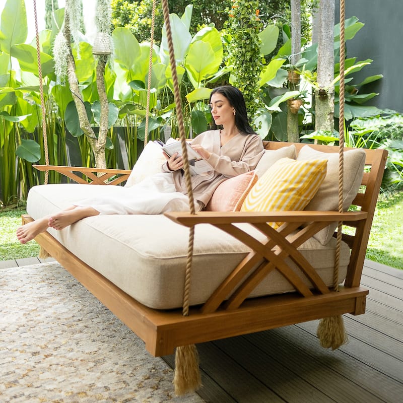 Cambridge Casual Carmel Teak Outdoor Porch Swing Daybed with Cushion