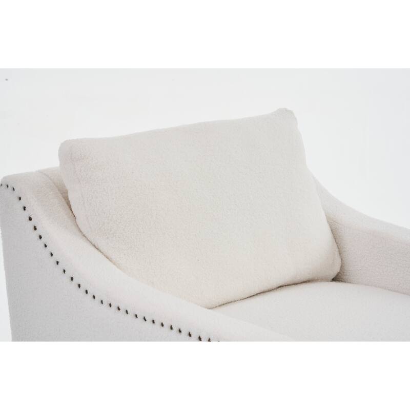 360° Swivel Accent Chair with 1 Back Pillow, Teddy Upholstered Reading Chair with Rivet Trim, Single Sofa Chair for Living Room