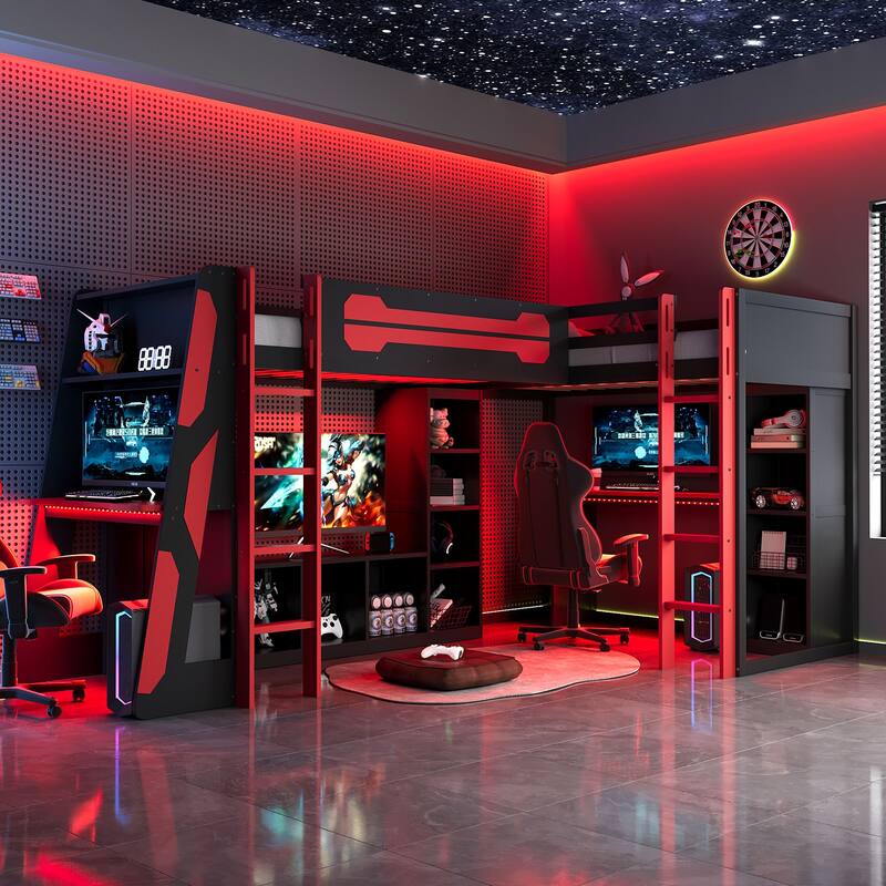L Shaped Twin Gaming Bed with RGB LED Lights and Storage Shelves - Red