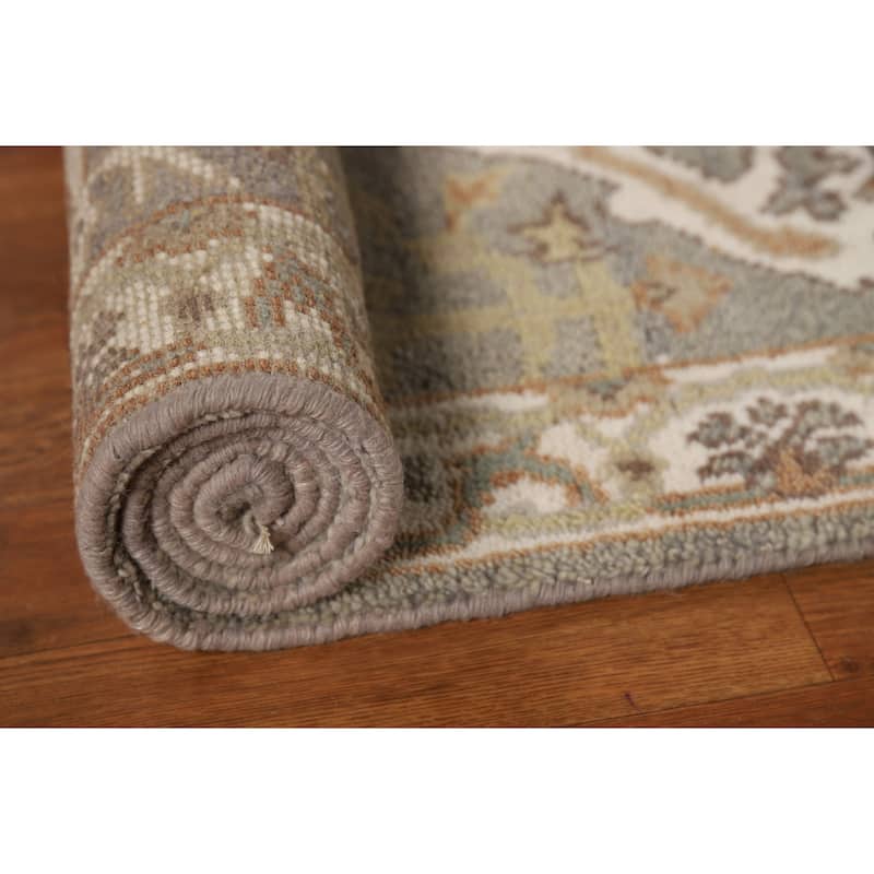 Gray Oushak Indian Runner Rug Hand-Knotted Floral Wool Carpet - 2'6"x 11'8"