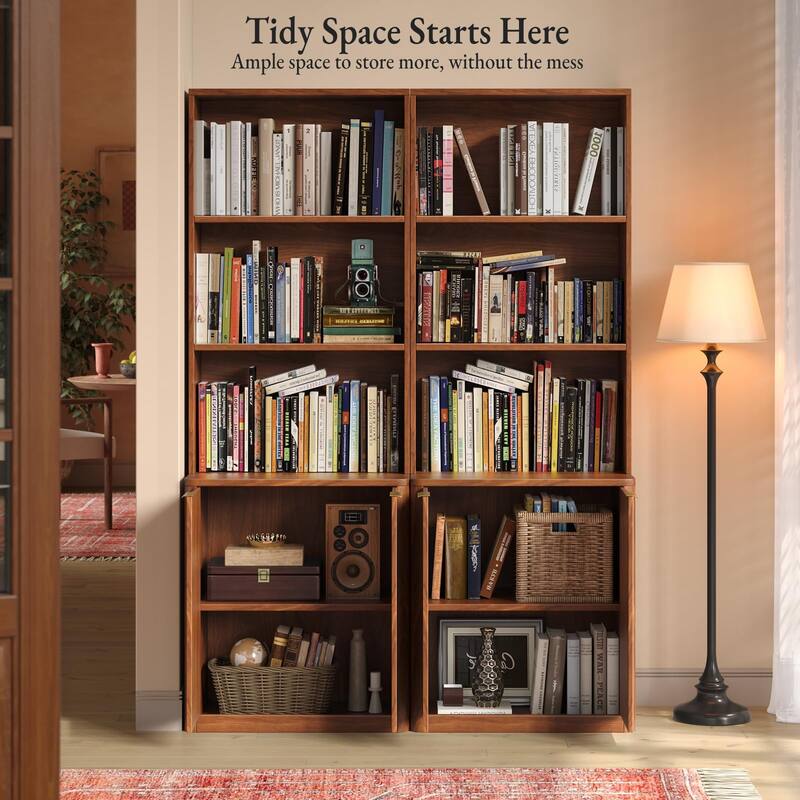 71" Walnut Bookcase with Doors Set of 2, 5 Tier Fluted Tall Bookshelf with Storage