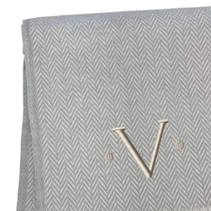 HomeRoots 55" X 70" Gray And White Herringbone Cotton Blend V Initial Throw Blanket with Tassels And Embroidery