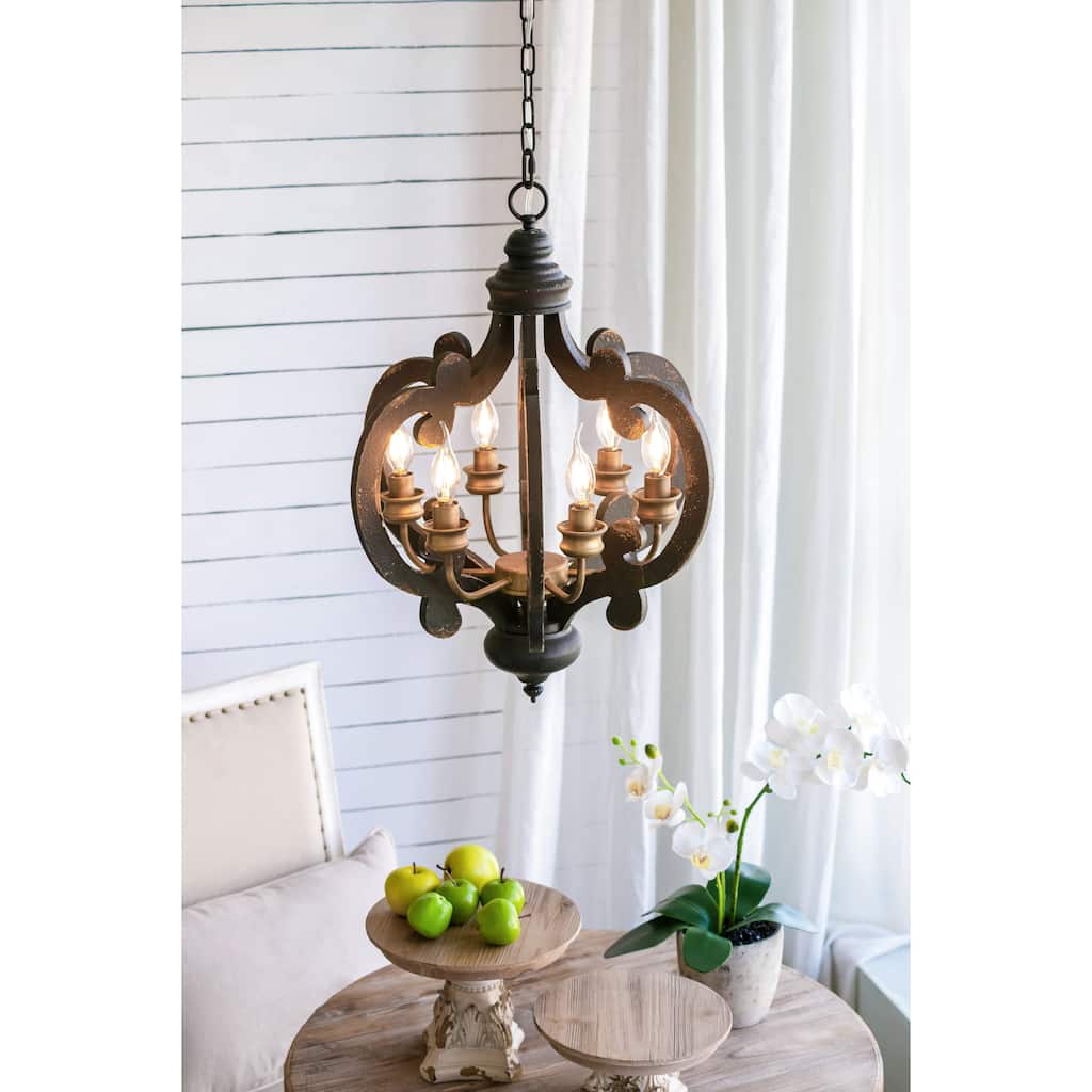 Farmhouse Chandelier, 6-Light Wood Chandelier Pendant Light Fixture with Adjustable Chain for Dining Room, Bulb Not Included