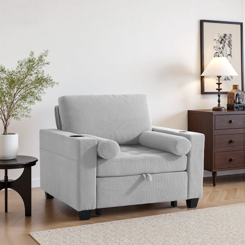 Corduroy Convertible Chair 3 in 1 Sleeper Sofa Chair Bed - Light Grey