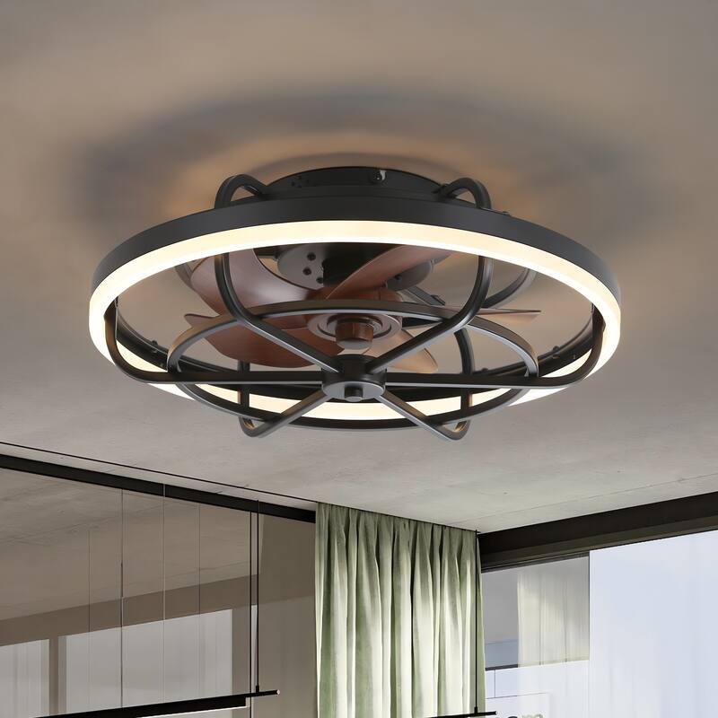 19.7" Flush Mount Caged Dimmable LED Ceiling Fan with Light and Remote