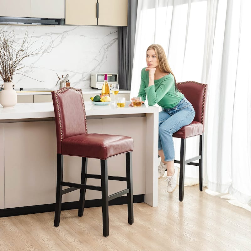 Glitzhome Set of 2 45"H PU Riveted Upholstered Bar Stools Pub Chairs