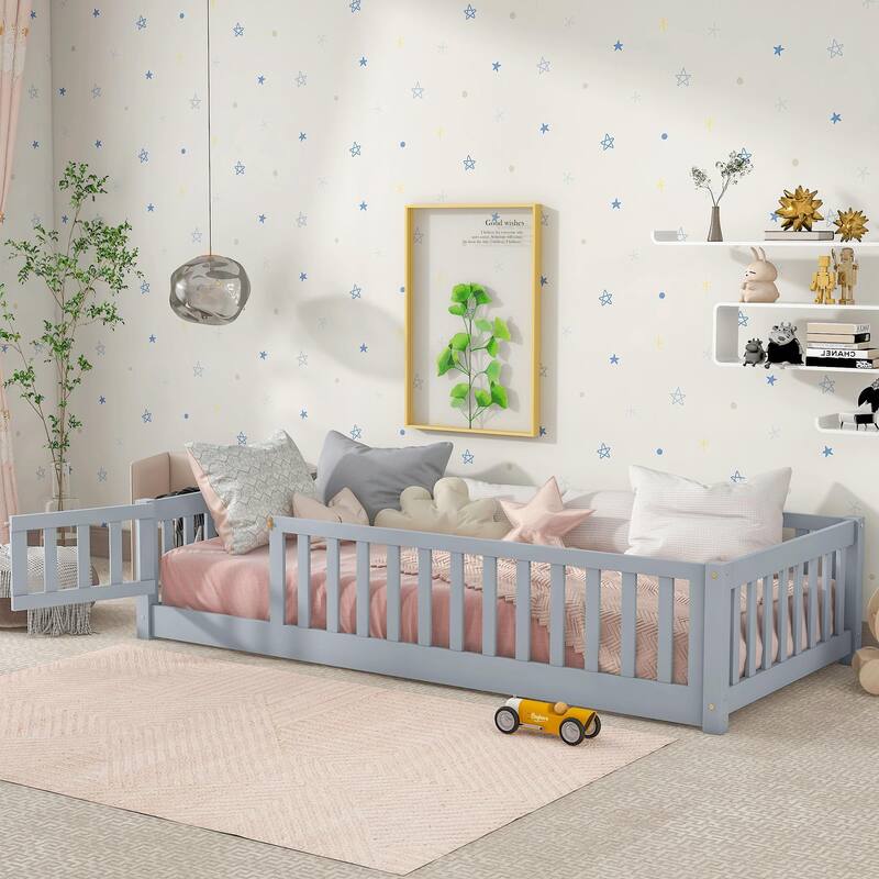Floor Bed with Fence and Door, Rubber Wood Floor Bed with Safety Guardrails - Twin - Grey