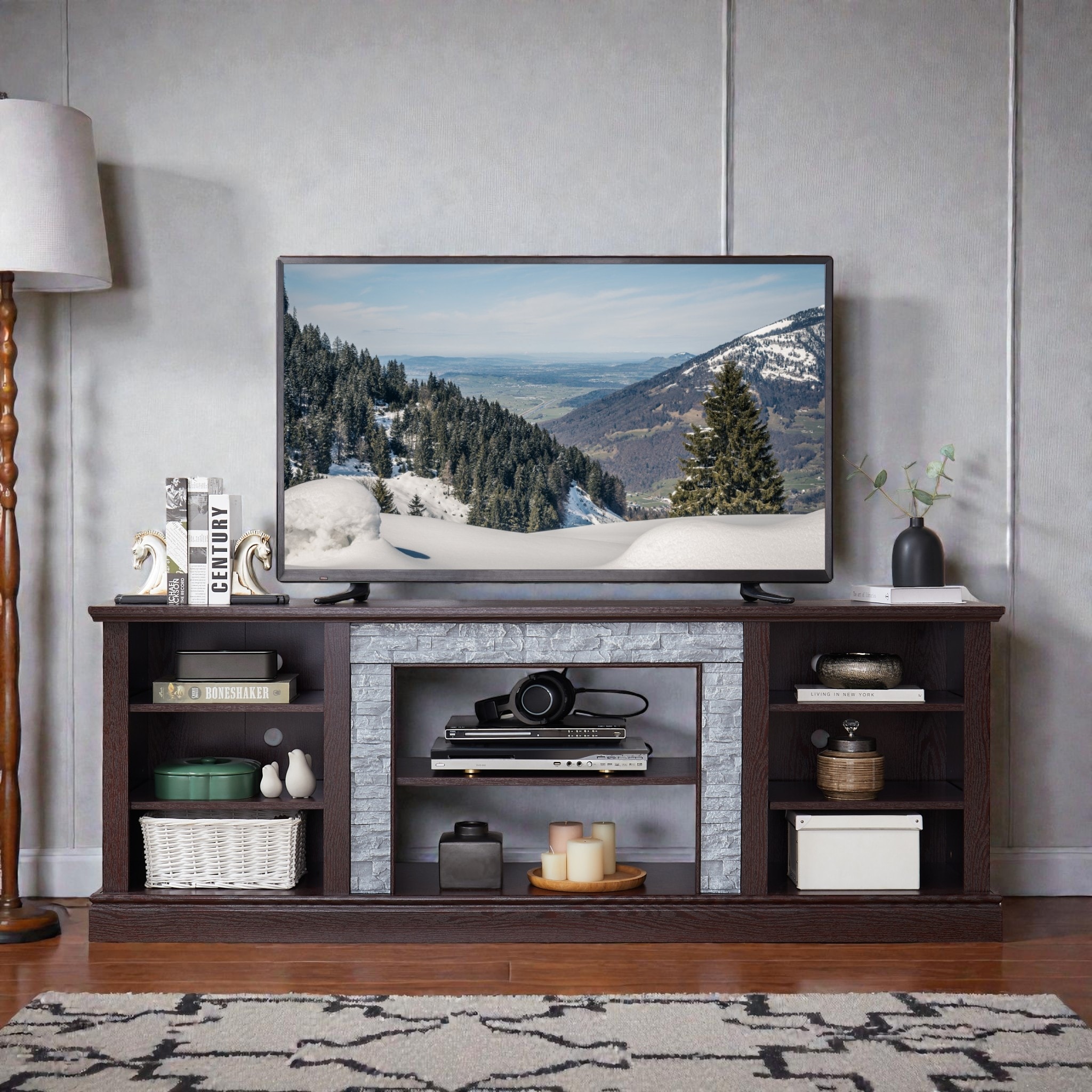 70 Inch TV Stand for TVs up to 75 Inch, Media Console with Faux Stacked Stone Surround, Storage Cabinet & Cable Management