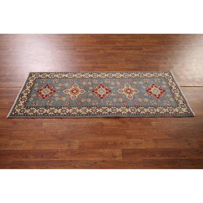 Geometric Kazak Runner Rug Hand-Knotted Floral Wool Carpet - 2'2" x 5'9"