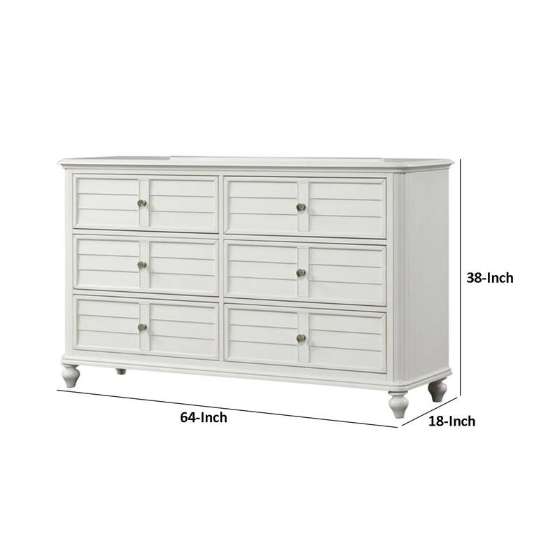 Kyna Wide Dresser, 6 Drawers, Classic Antique White Solid Wood
