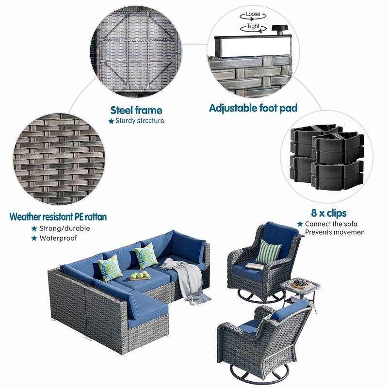 OVIOS 7-piece Rattan Wicker Patio Furniture Set Swivel Rocking Chair Set