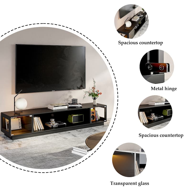Modern Black Fireplace TV Stand Combo,Remote Fireplace Heater,2 Drawers,Light Strip & USB