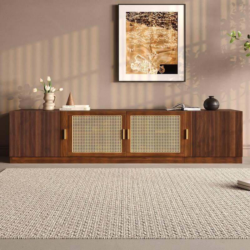 Rustic 78" TV Stand for TVs Up to 85", TV Console with Rattan Doors and Adjustable Shelf