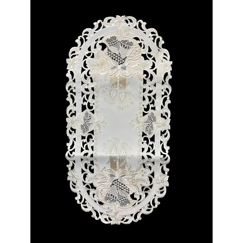 Christmas Candle Beige Lace Embroidered Cutwork Rectangular Table Runner, 13 by 27 inch