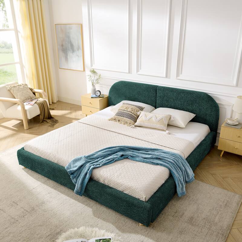 Fabric Upholstered Bed Frame Modern American Platform Bed Frame with Curved Headboard/Sturdy Legs Support/No Box Spring Needed - Green - King