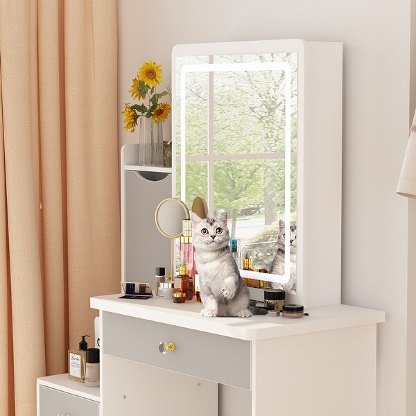 Makeup Vanity Set with Sliding Lighted Mirror Stool Hidden Shelves 33 L x 15.7 W x 52.4 H On Sale Bed Bath Beyond 34605564