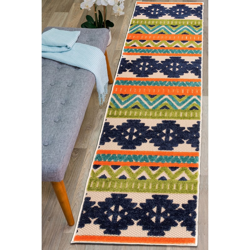 World Rug Gallery Contemporary Geometric Bohemian Indoor/Outdoor Area Rug - 2' x 7' Runner - Multi