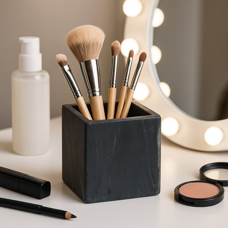 Marble Stone Storage Sculpted Design and Sleek Vertical Grooves - 4.0" - Black