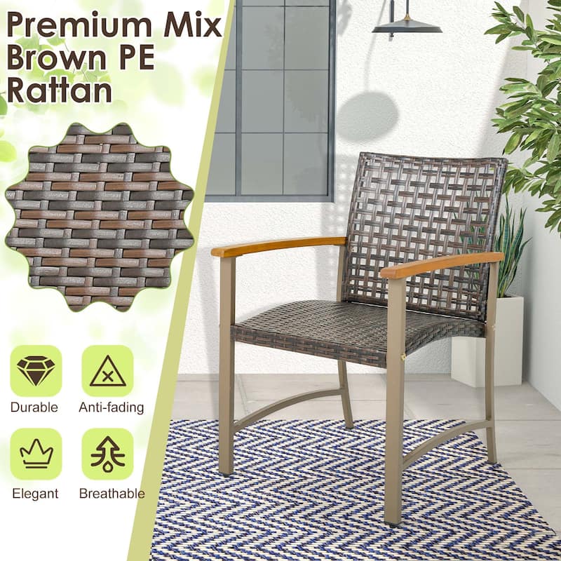 Set of 4 Outdoor Patio Wicker Dining Chairs w/ Acacia Wood Armrests