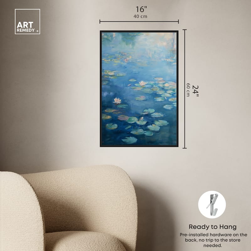 Art Remedy Lilypads In Blues Framed Impressionism 1 Piece Canvas Wall Art /Monet And Van Gogh Inspired Art