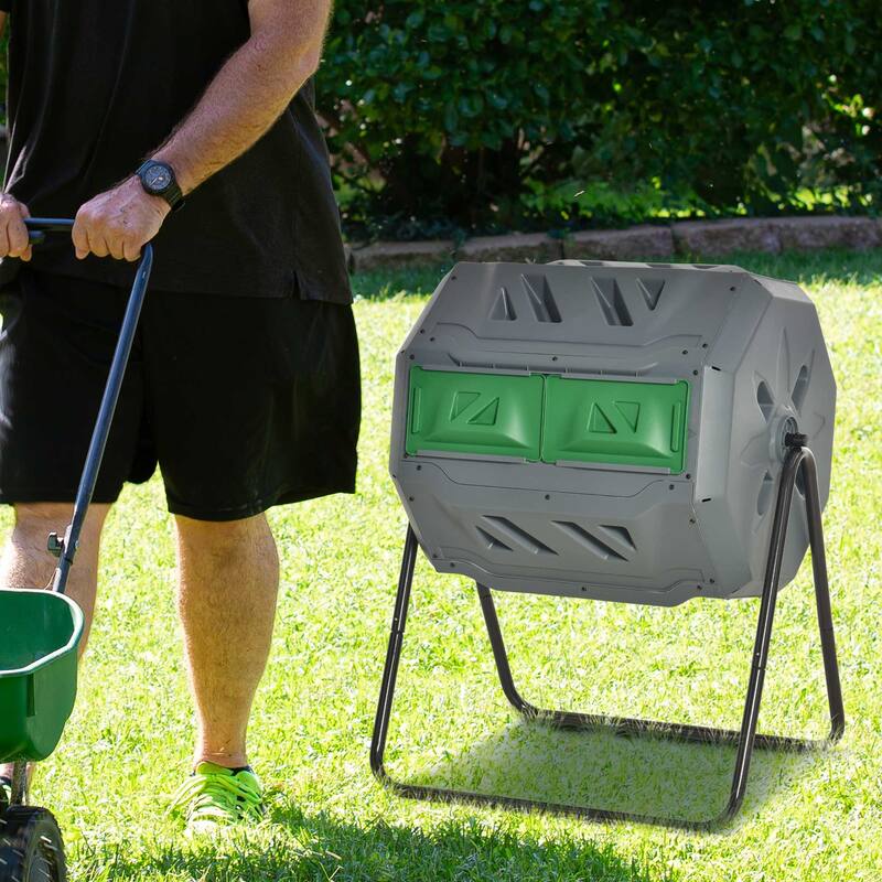 Outsunny Tumbling Compost Bin Outdoor Dual Chamber 360-deg Rotating Composter 43 Gallon w/ Sliding Doors & Solid Steel Frame