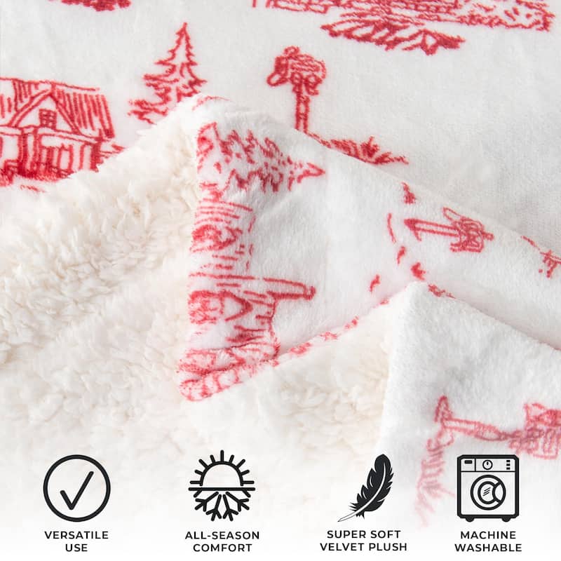 Linery & Co. Velvet Plush Fleece Reversible Sherpa Holiday Printed Throw.