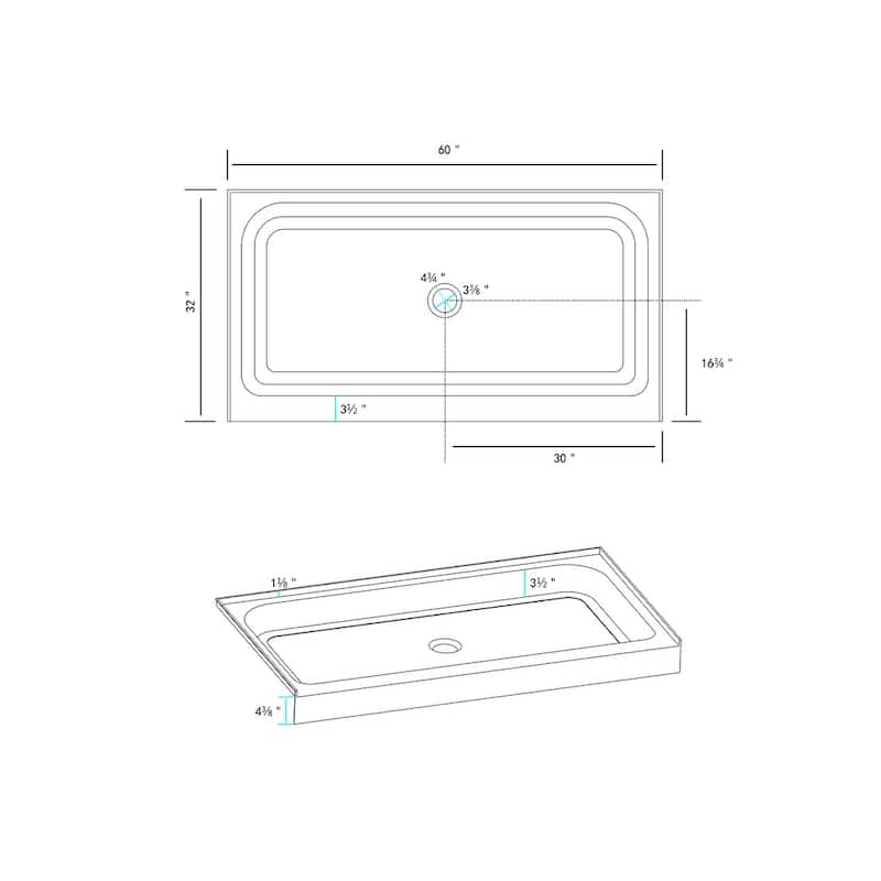 Indigo Home 60x32 inch Single Threshold Shower Tray Center Drain in White