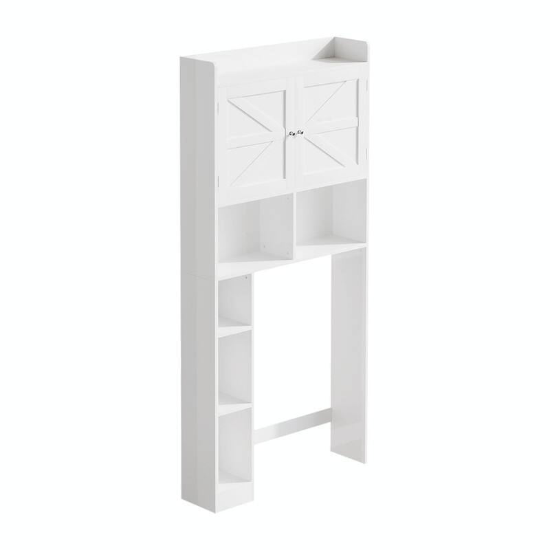 Over-the-Toilet Storage Cabinet, Freestanding Bathroom Space Saver with Adjustable Shelf, Double Doors and Open Shelves