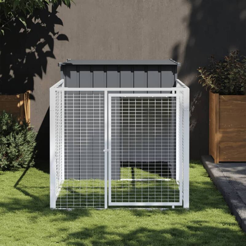 vidaXL Dog House with Run Anthracite/Light Gray multisize Galvanized Steel - 43.3" x 79.1" x 43.3" - Anthracite