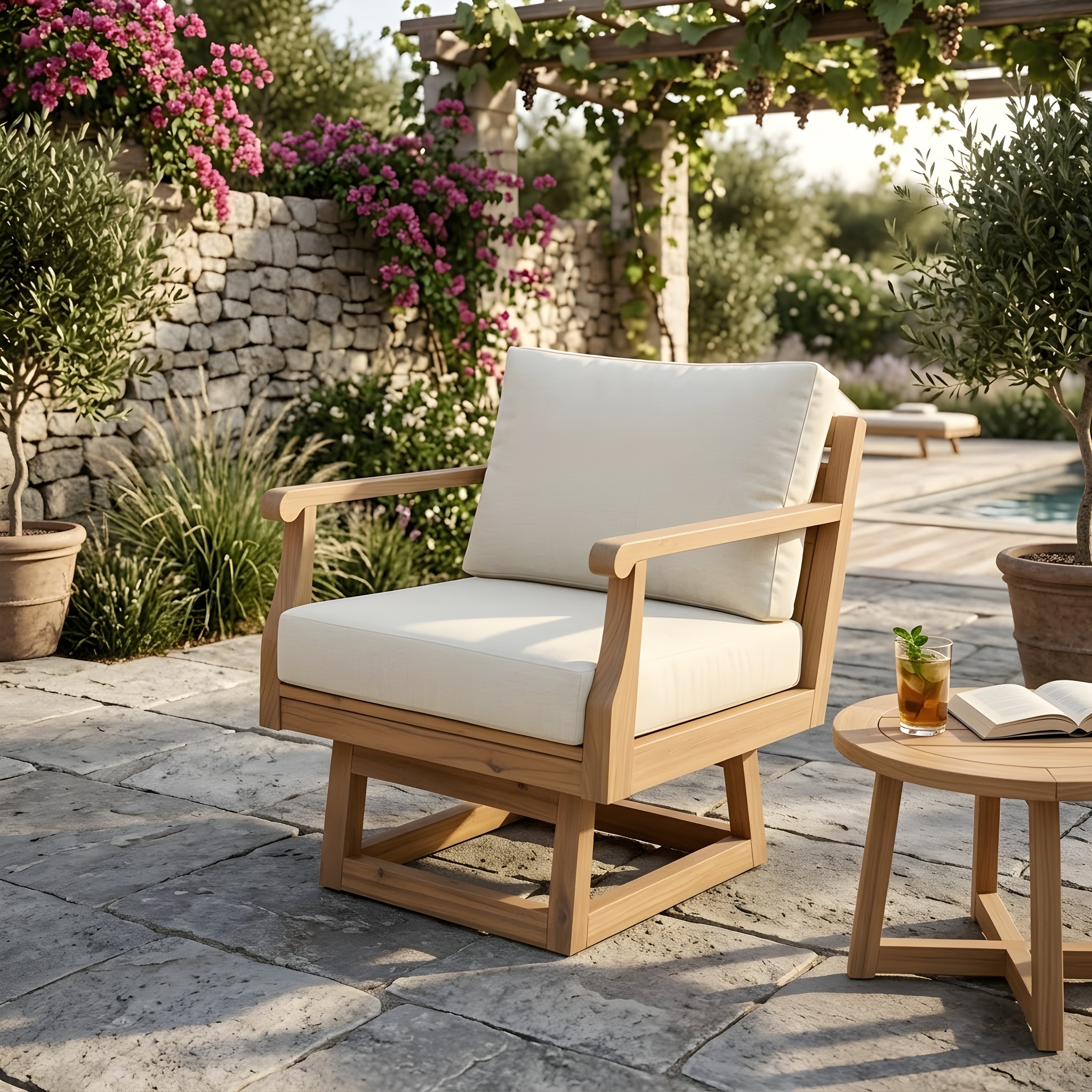 Christopher Knight Home - Malibu Outdoor Swivel Chair in Solid Acacia Wood with 360-Degree Rotation and Cushions Included