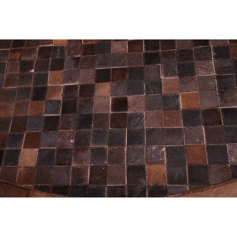 ECARPETGALLERY Handmade Cowhide Patchwork Dark Brown Leather Rug - 5'0 x 5'0