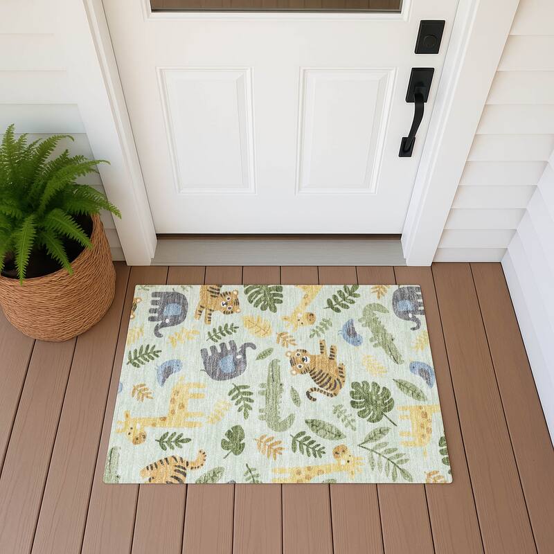 Machine Washable Indoor/ Outdoor Whimsy Safari Animals Chantille Rug - Mint - 1'8" x 2'6"
