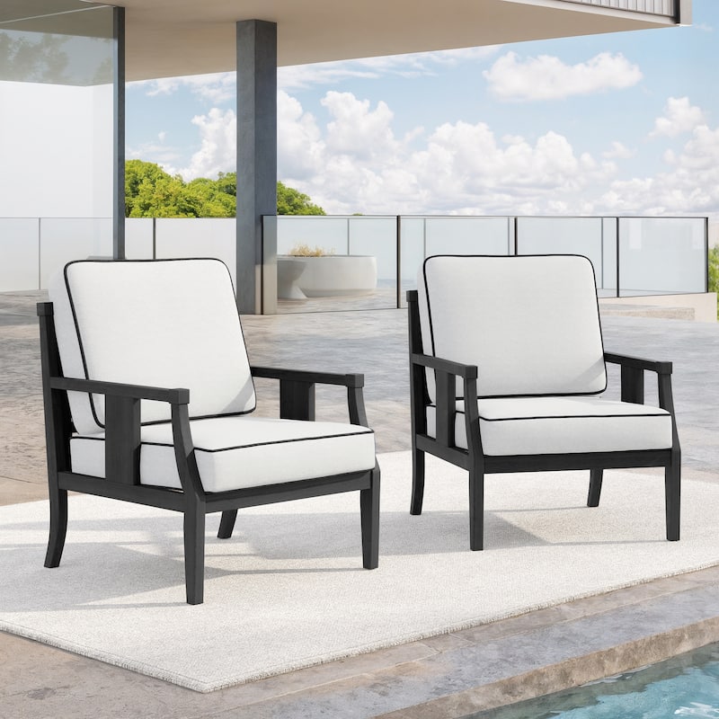 Set of 2 Outdoor Teak Wood Armchairs with Cushions, Patio Club Chairs - Dark Wood - Beige