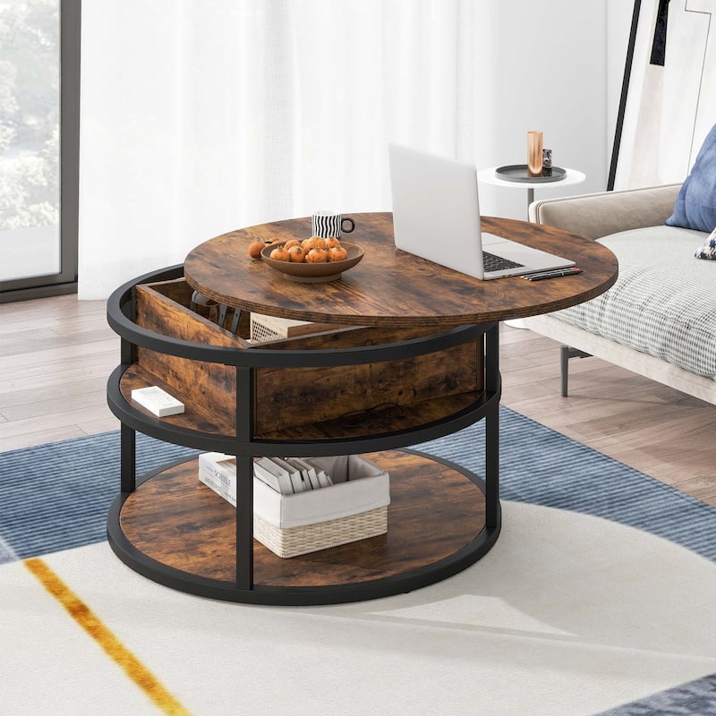 Moasis Farmhouse Lift Top Round Coffee Table with Hidden Storage and Base Shelf for Living Room