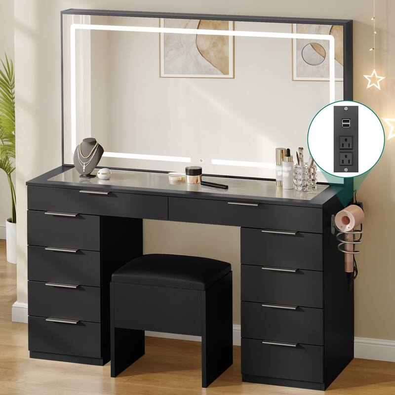 Moasis Black 10-Drawer Cosmetic Vanity Desk Set with Glass Tabletop Makeup Vanity with LED Strip