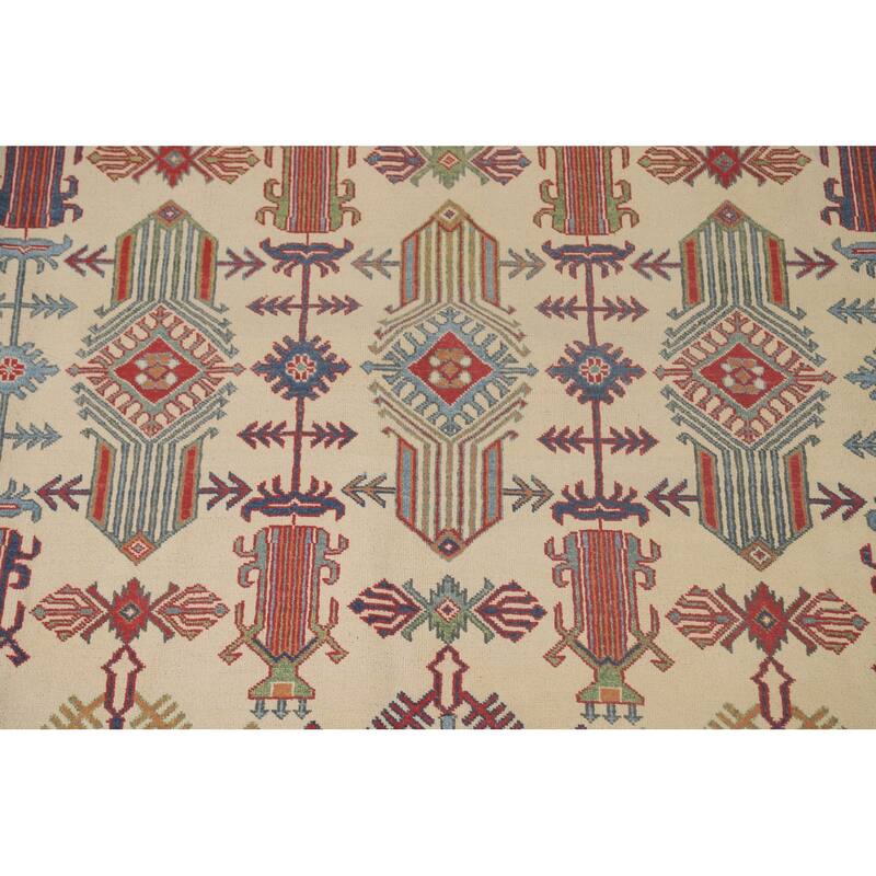 Geometric Beige Kazak Oriental Area Rug Hand-Knotted Wool Carpet - 8'2"x 9'9"